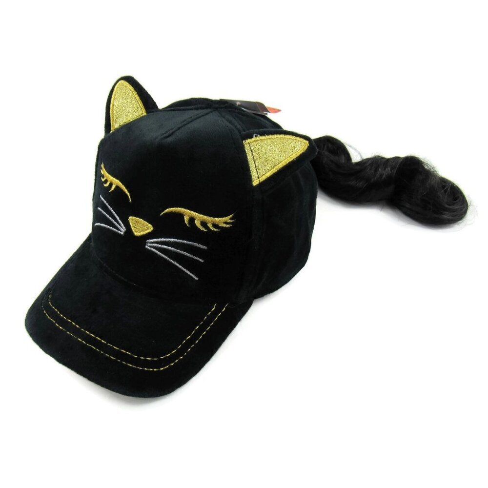 Baseball Hat with Brunette Faux Hair Black & Gold Cat Girls Cap One Size New